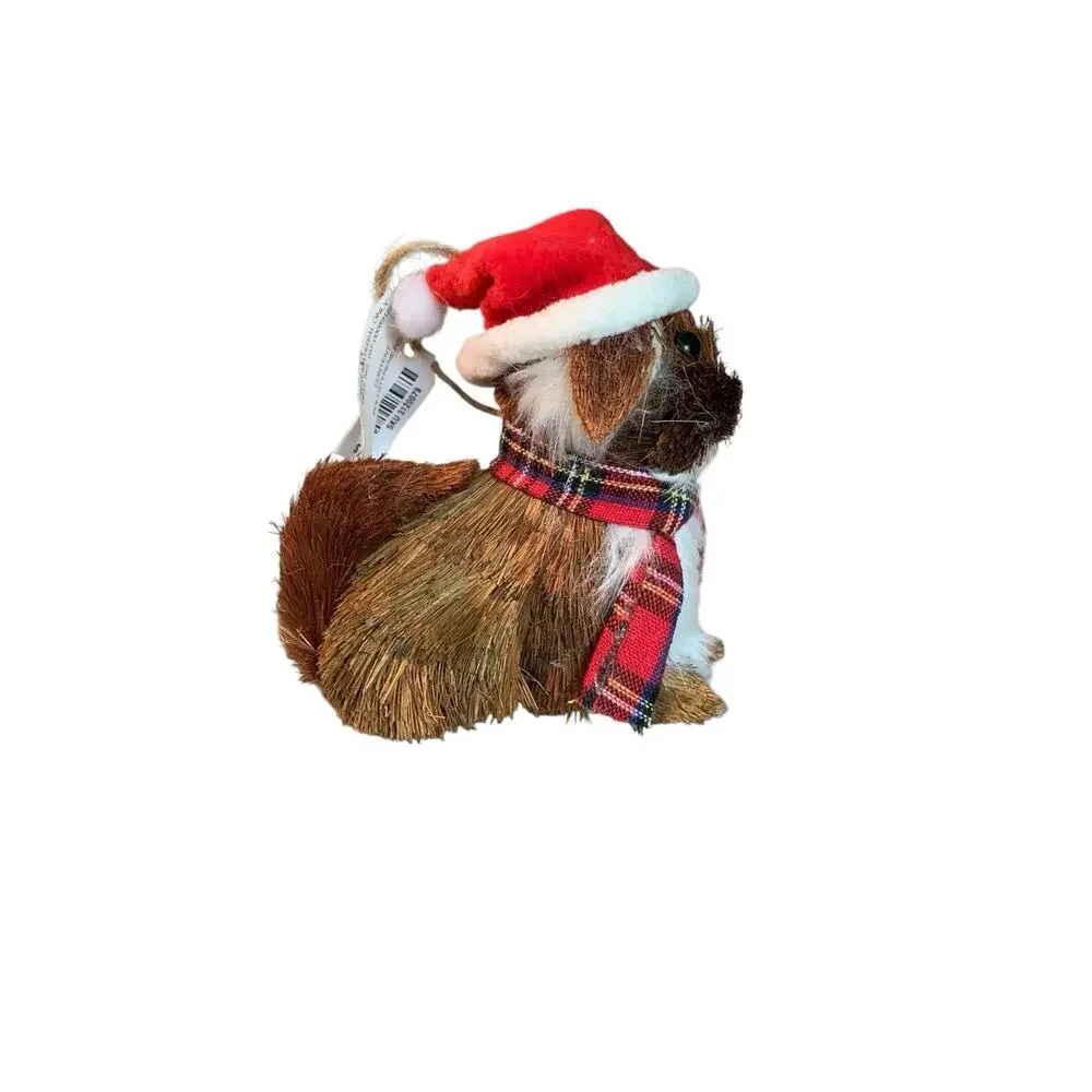 Pier 1 Imports Sisal Dog Christmas Tree Ornaments Set of 3 Santa Hat Plaid 5.5